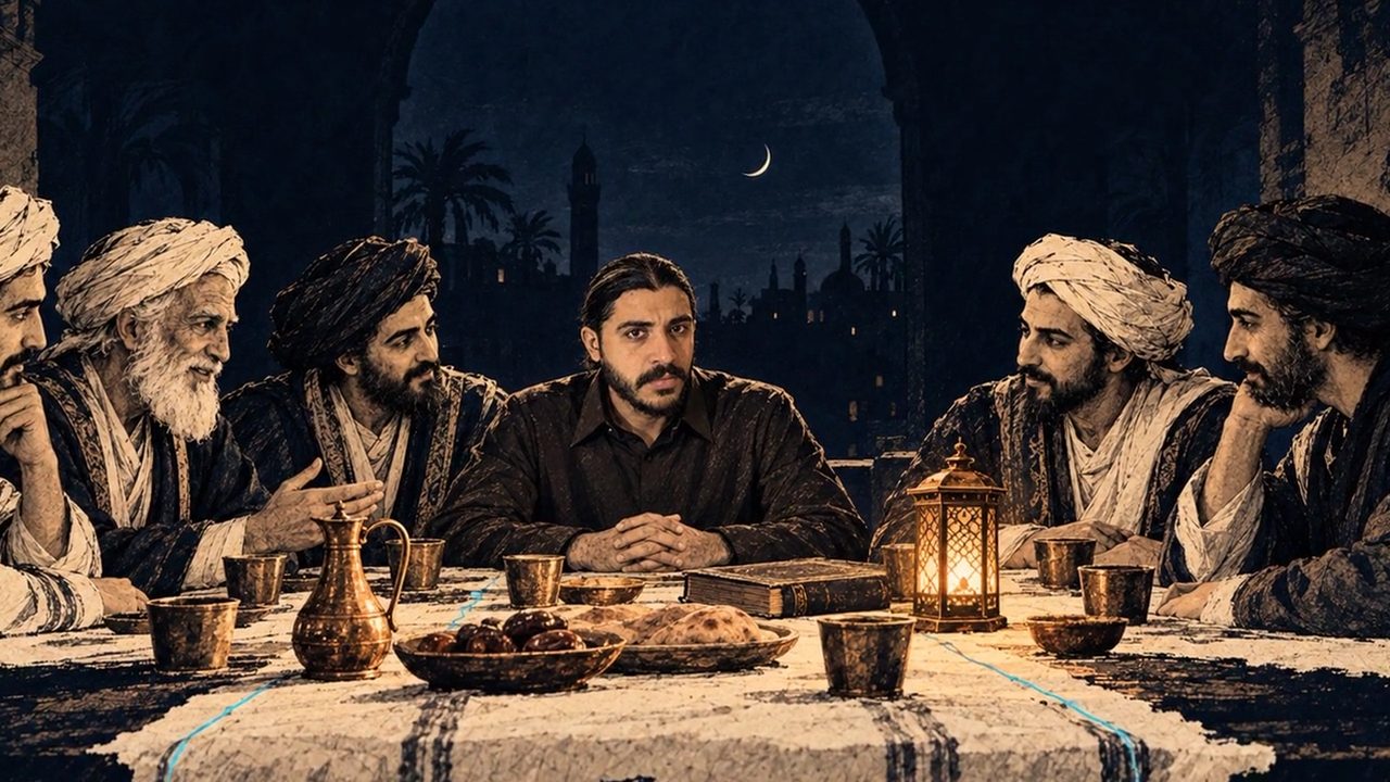 مشهد من فيلم المقدمة: مائدة ضيافة يتوسطها مؤسس بت وير
